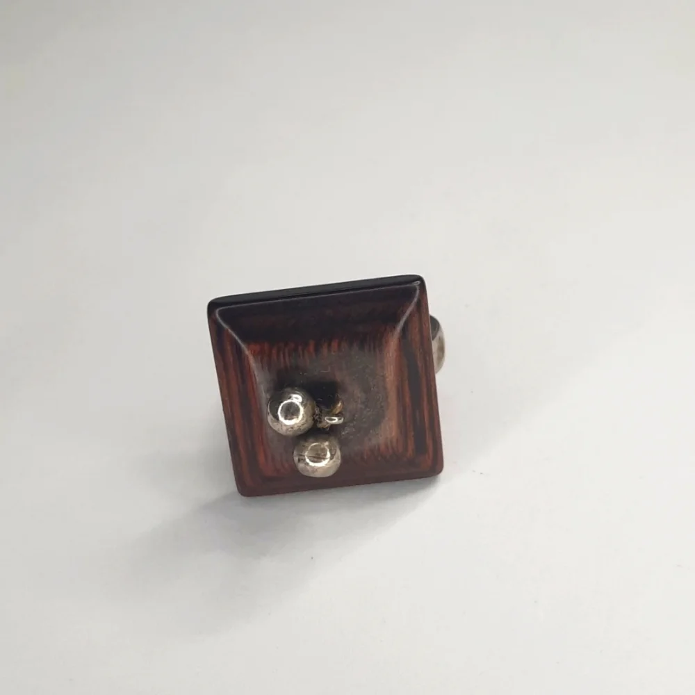 Square adjustable 1960's 1970's Vintage wood silver ball detail ring